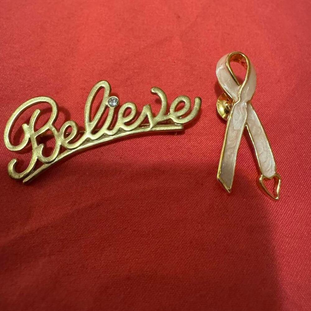 Lot of 2 Brooches! 1st GoldToned Believe pin,2nd Vintage BreastCancer Ribbon Pin